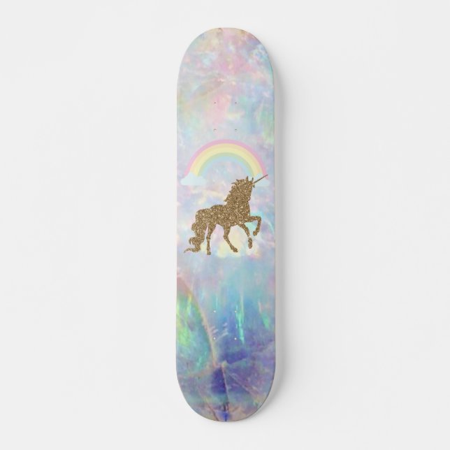 Skateboard Unicornio Purpurina de oro, Opal Arcoiris (Anverso )