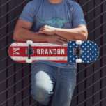 Skateboard USA American Flag Monogram Patriotic Personalized<br><div class="desc">Show your American pride or give a special gift with this USA American Flag skateboard in a distressed worn grunge design. This united states of america flag skateboard design with stars and stripes in red white and blue is perfect for fourth of July parties, Memorial day party , family reunions,...</div>