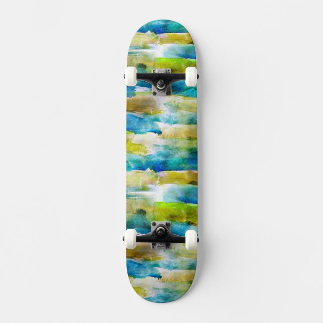 Skateboard Verde abstracto de la acuarela, azul (Anverso)