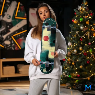 Skateboard Verde azulado, Crema, Red Abstract Geométrica Skat