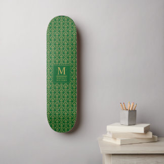 Skateboard Verde Esmeralda y Dorado Patrón Damask Sin Costura
