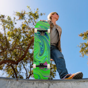 Skateboard Verde Lima y Arte Abstracto Retro Groovy Azul