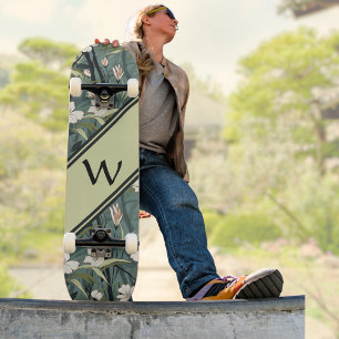 Skateboard Verde Salvia Chinoiserie Floral Inicial Blanca