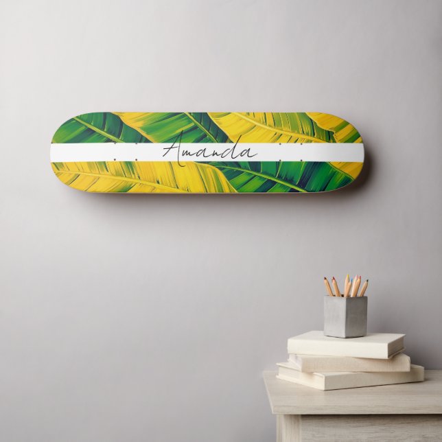 Skateboard Vibrante patrón verde y amarillo de hoja de plátan (Arte de pared (horz))