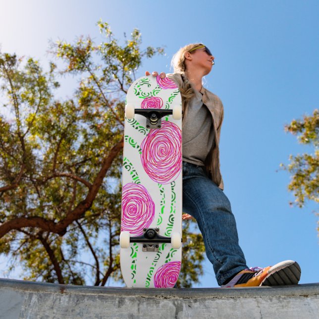 Skateboard Vinos de flores verdes y rosas (Exterior 1)