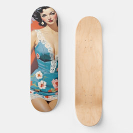 Skateboard Vintage Pin Up Style Woman in Blue Floral