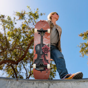 Skateboard Violín negro gótico con rosas rojas
