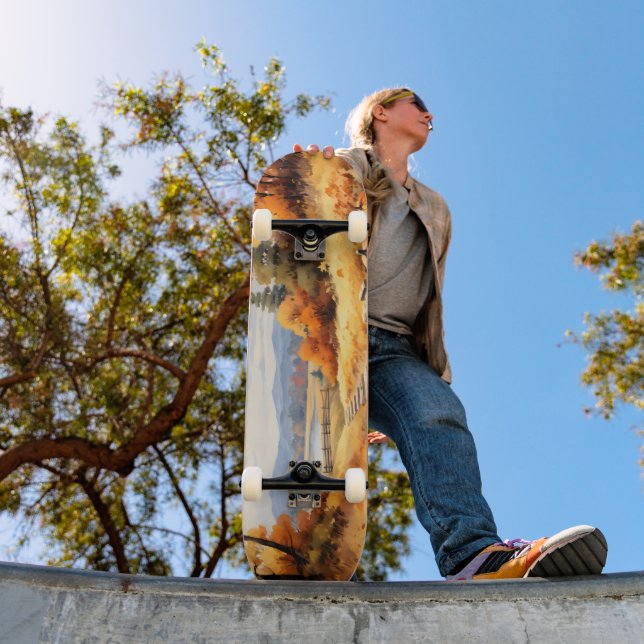 Skateboard Watercolor Autumn Road Pumpkin Caída Saltos (Exterior 1)