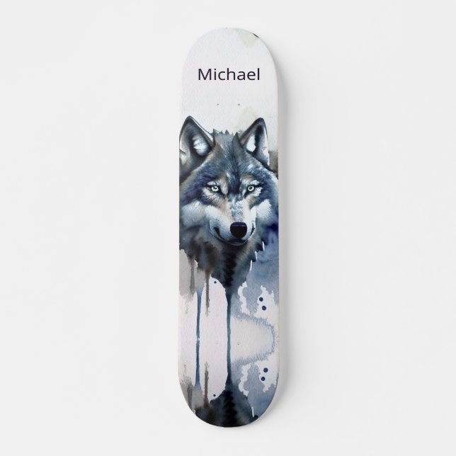 Skateboard Watercolor Wolf Head Dusty Blue (Anverso )