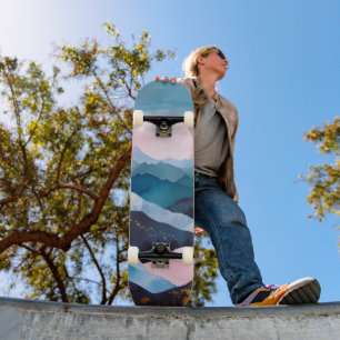 Skateboard Whimical Minimalista Gold Mountain Watercolor