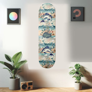 Skateboard Whimsical Dolphin Boho Ocean Waves Beach Tropical