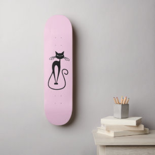 Skateboard Whimsical Skinny Black Cat Rosa