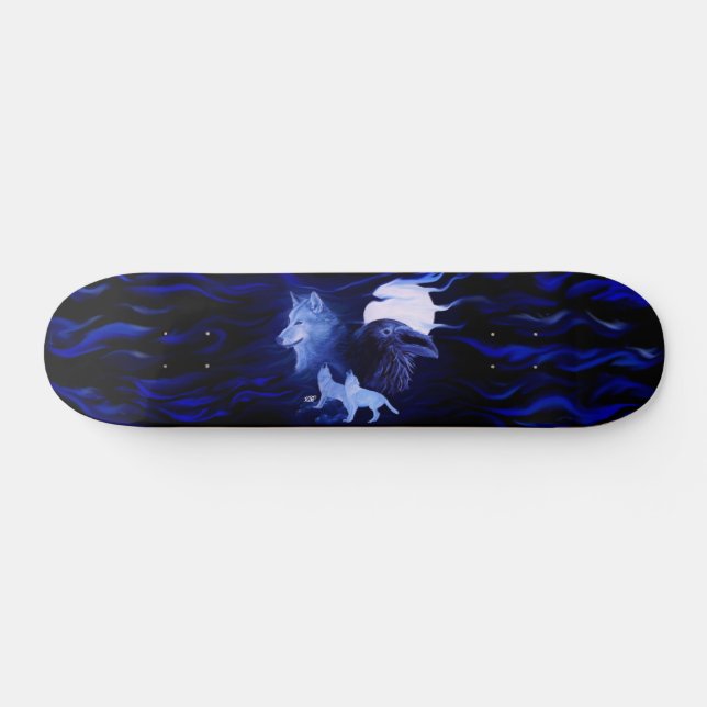 Skateboard Wolf y Raven con luna llena (Horz)