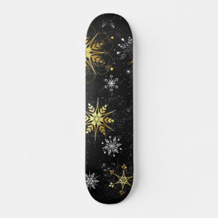 Skateboard Xmas copos de nieve dorados sobre fondo negro