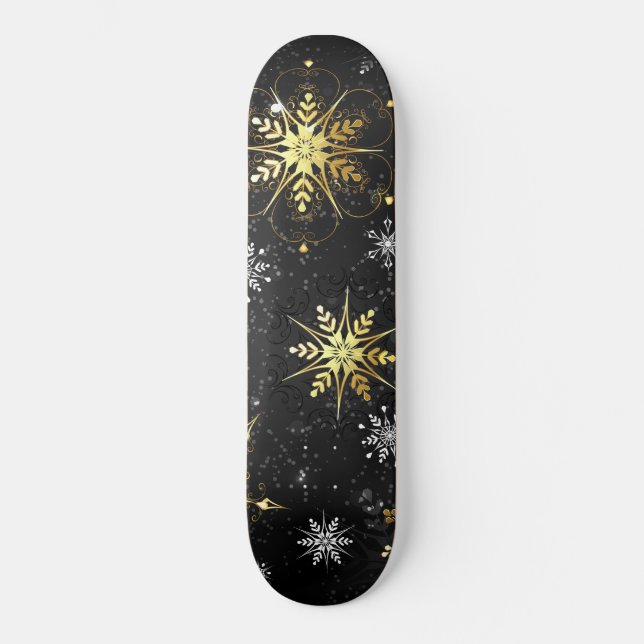 Skateboard Xmas copos de nieve dorados sobre fondo negro (Anverso)