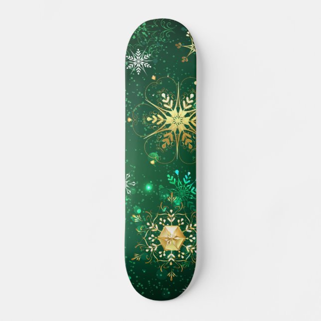 Skateboard Xmas copos de nieve dorados sobre fondo verde (Anverso)