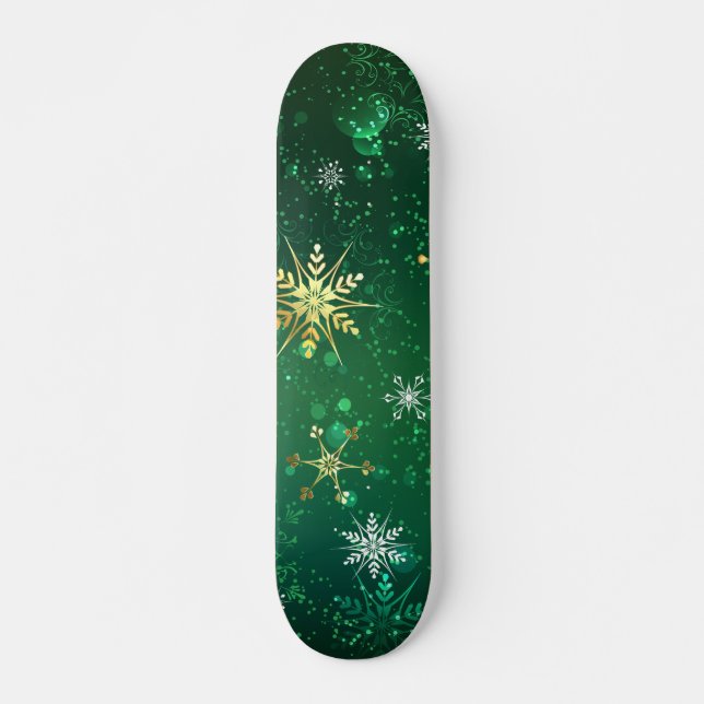 Skateboard Xmas copos de nieve dorados sobre fondo verde (Anverso )