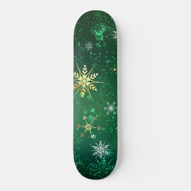 Skateboard Xmas copos de nieve dorados sobre fondo verde (Anverso)