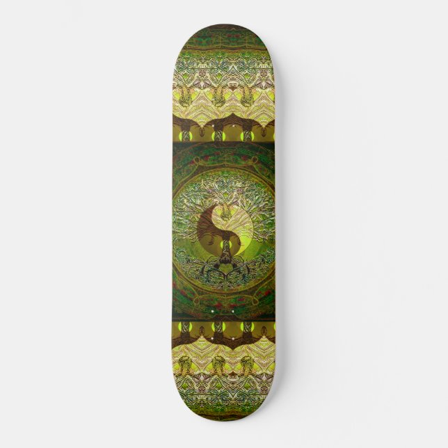 Skateboard Yin Yang verde con árbol de la vida (Anverso)