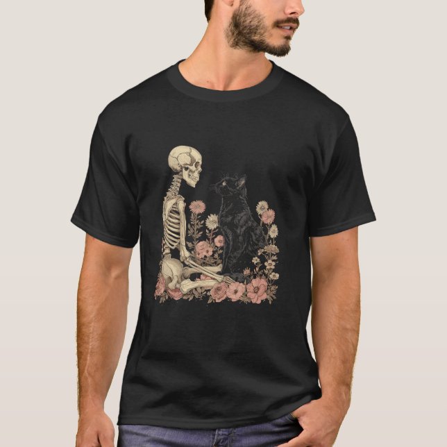 Skeleton Cat Flor Cute Kitten Halloween Camiseta (Anverso)