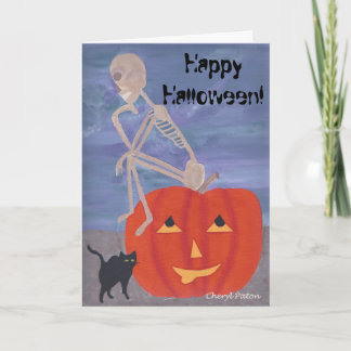 Skeleton pensador sobre las tarjetas de Halloween