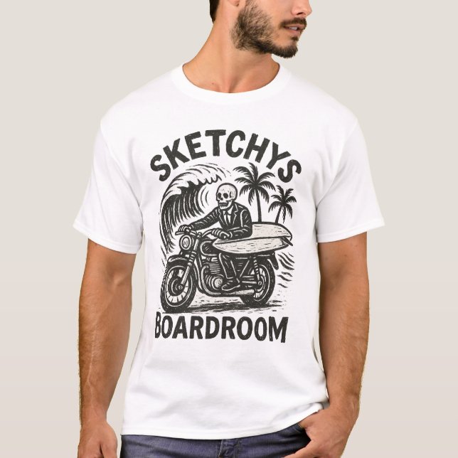 Skeleton Surfer en Motocicleta – Camiseta de Arte  (Anverso)