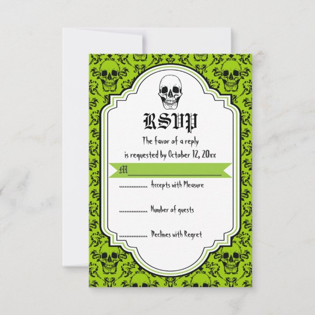 Skulls damask verde, boda de Halloween negro RSVP (Anverso)