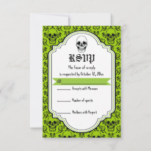 Skulls damask verde, boda de Halloween negro RSVP