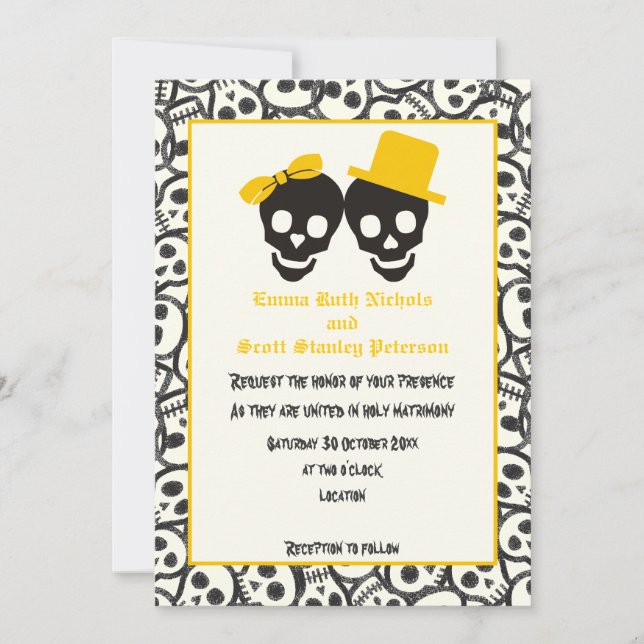 Skulls invitación a la boda amarilla en Halloween (Anverso)