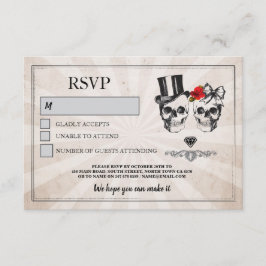 Skulls Wedding RSVP Rosas de cráneo Tarjetas rusti