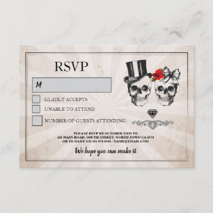 Skulls Wedding RSVP Rosas de cráneo Tarjetas rusti