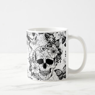 Skulls y Floral Copa de tazas de café negro y blan