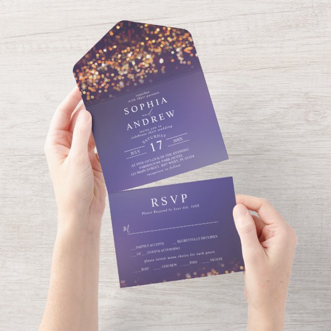 Sky Blue & Gold All in One Wedding Invitación (desgarro)
