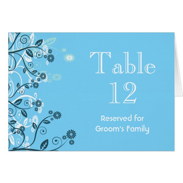 Sky Blue Modern Floral Wedding Table Number (Anverso (Horizontal))