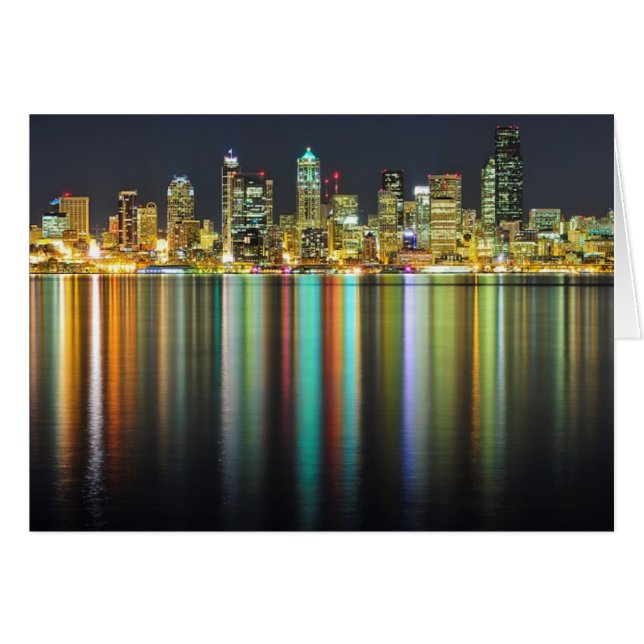 Skyline Seattle de noche con reflexión (Anverso (Horizontal))