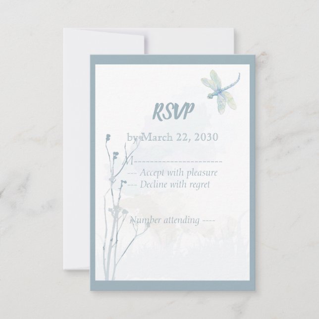 Slate Blue Libélula Simple Verde Wedding RSVP (Anverso)