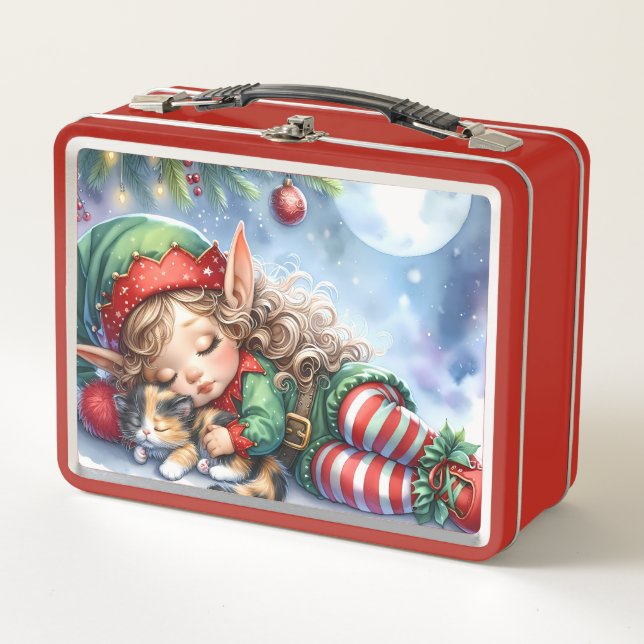 Sleeping Christmas Elf with Calico Kitten (Anverso)
