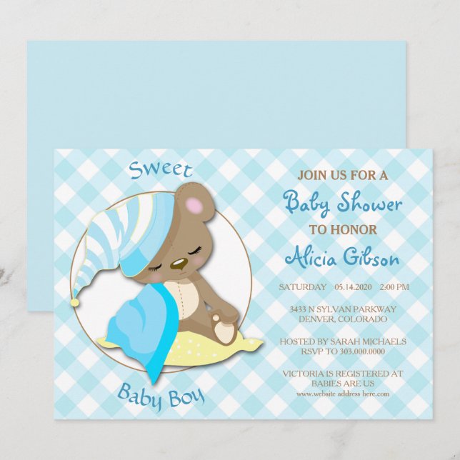 Sleepy Bear Baby Boy Invitación a la ducha (Anverso / Reverso)