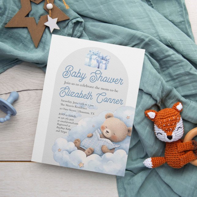 Sleepy Bear Watercolor Bebé Niño Invitación a duch (Sleepy Bear Watercolor Baby Boy Shower Invitation)