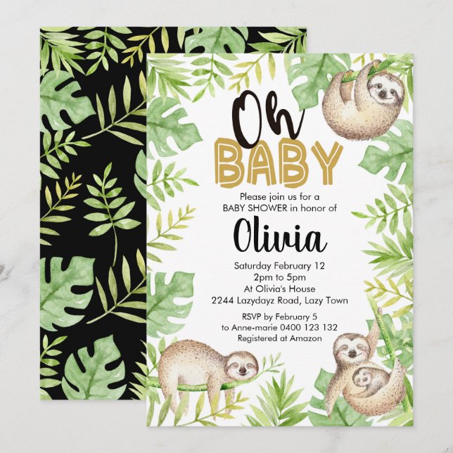 Sloth Baby Shower Invitación Baby Sloth (Anverso / Reverso)