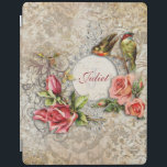 Smart Cover Para iPad Rosa de damasco de época personalizado<br><div class="desc">Diseño romántico de inspiración vintage con un espacio para la personalización rodeado de flores ornamentales, pájaros y pulverizadores de rosas en un fondo adamascado. Nota: Efectos esculpidos, grabados, grabado en relieve y dimensionales, de aspecto estratificado, envejecido o erosionado, texturas y sombras logradas digitalmente. El producto real tiene una superficie plana....</div>