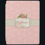 Smart Cover Para iPad Roses rosados y Damasco personalizados<br><div class="desc">Fondo floral rosa con banda de damasco gris,  etiqueta floral central con aerosol de rosas de niñas y espacio para la personalización.</div>