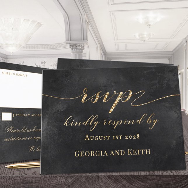 Smoky Black & Gold Elegant Wedding RSVP (Subido por el creador)