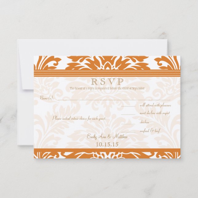 Snapdragon Coral & Ivory Damask Wedding RSVP (Anverso)