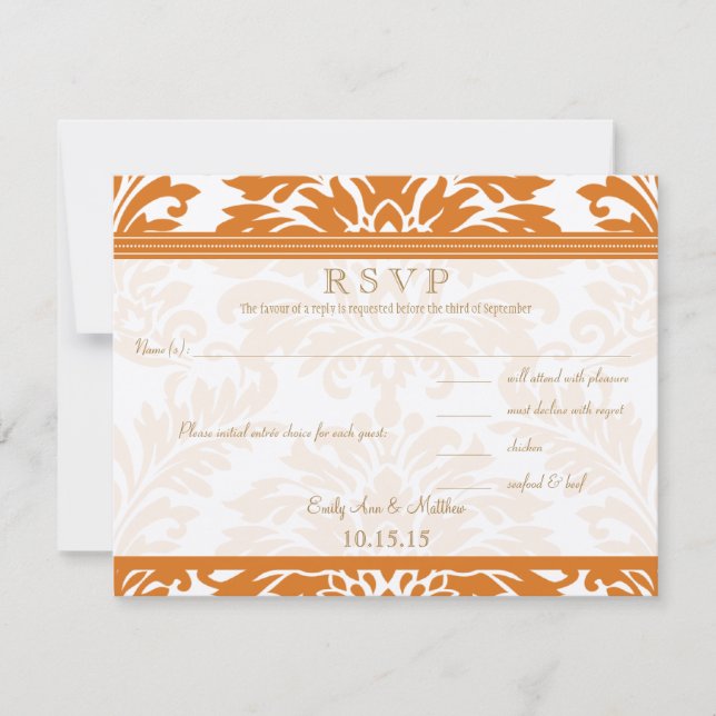 Snapdragon Coral & Ivory Damask Wedding RSVP (Anverso)