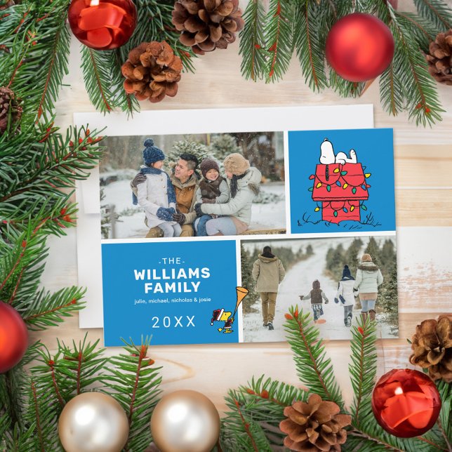 Snoopy Doghouse Navidad Collage de fotos familiar (Card on table)