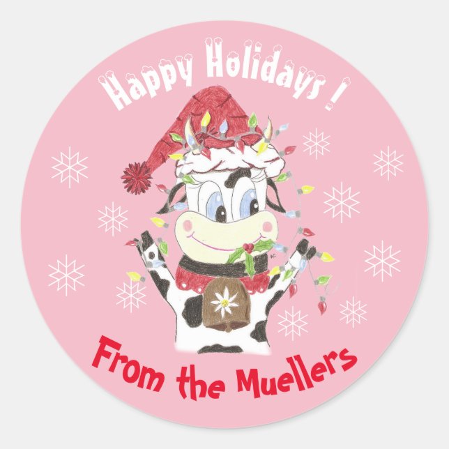 Snowbell, vaca: Felices fiestas pegatinas rosados (Anverso)