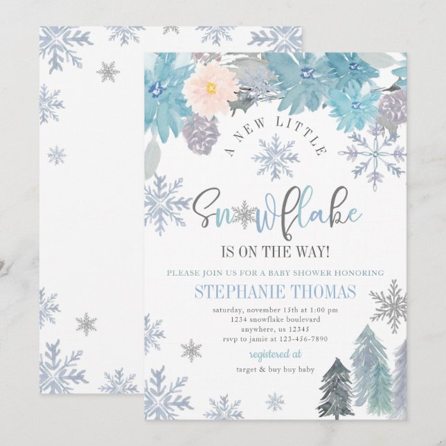 Snowflake Baby Shower Invitación Floral Boy (Anverso / Reverso)