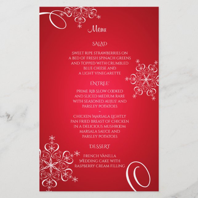 Snowflake Elegance Menú Boda Rojo (Anverso)