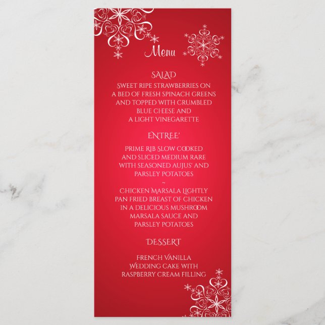 Snowflake Elegance Menú Boda Rojo (Anverso)